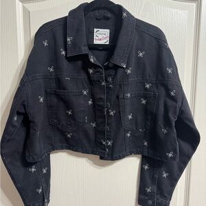 St. John's Bay Black Cropped Jean Jacket with Embroidery